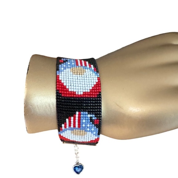 Handcrafted patriotic gnome beaded loom bracelet adjustable w/ blue heart charm - Picture 3 of 7